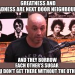 What? | GREATNESS AND MADNESS ARE NEXT DOOR NEIGHBOURS;; AND THEY BORROW EACH OTHER'S SUGAR. YOU DON'T GET THERE WITHOUT THE OTHER. | image tagged in joe rogan jre,quotes,joe rogan quote,joe rogan | made w/ Imgflip meme maker