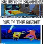 anyone | ME IN THE MORNING; CAN I SLEEP PLS JUST FIVE MINUTES MORE; ME IN THE NIGHT | image tagged in blank | made w/ Imgflip meme maker