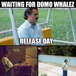 Lonely guy | NOTTINGHAM, WAITING FOR DOMO WHALEZ; RELEASE DAY; 3 MONTHS LATER; 6 MONTHS LATER | image tagged in lonely guy | made w/ Imgflip meme maker