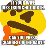 Hmmmmmmmm | IF YOUR WIFE DIES FROM CHILDBIRTH, CAN YOU PRESS CHARGES ON THE BABY? | image tagged in hmmmmmmmm | made w/ Imgflip meme maker