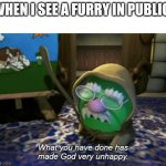 What you have done has made God very unhappy | WHEN I SEE A FURRY IN PUBLIC | image tagged in what you have done has made god very unhappy,furry,anti furry,god,veggietales | made w/ Imgflip meme maker