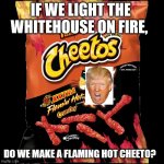 burn bunker boy | IF WE LIGHT THE WHITEHOUSE ON FIRE, DO WE MAKE A FLAMING HOT CHEETO? | image tagged in flamin hot cheetos | made w/ Imgflip meme maker