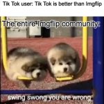 Tik tok sucks | Tik Tok user: Tik Tok is better than Imgflip; The entire Imgflip community: | image tagged in swing swong you are wrong,imgflip,tik tok,memes | made w/ Imgflip meme maker
