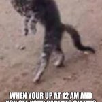 Sneaky Kitty | "S**T"; WHEN YOUR UP AT 12 AM AND YOU SEE YOUR PARENTS SITTING IN THE KITCHEN WAITING FOR YOU | image tagged in sneaky kitty | made w/ Imgflip meme maker