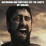 The reason why my siblings hate me | ME: FORGETS MY SIBLING IS IN THE BATHROOM AND SWITCHES OFF THE LIGHTS
MY SIBLING: | image tagged in confused screaming,lol,siblings | made w/ Imgflip meme maker