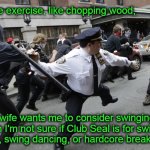 I hate exercise... | I hate exercise, like chopping wood, but my wife wants me to consider swinging clubs,
though I'm not sure if Club Seal is for swingers,
golfing, swing dancing, or hardcore break beats. | image tagged in police swinging club | made w/ Imgflip meme maker