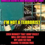 I'M NOT A TERRORIST | UNVEILED SECRETS AND MESSAGES OF LIGHT; I'M NOT A TERRORIST; EVEN MONKEY THAT JUMP FREELY
WILL CRY ONCE CAGED
MY LAND SO FAIR
YEARNS TO BREAK FREE | image tagged in i'm not a terrorist | made w/ Imgflip meme maker