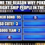 family feud | TELL ME THE REASON WHY POKEMON FANS MIGHT SHIP PEOPLE IN THE ANIME. THEIR BOND   95; SO CUTE!   3; A GOOD TEAM   2 | image tagged in family feud | made w/ Imgflip meme maker