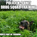 420 | POLICE K-9 UNIT DRUG SQUAD TRAINING; MY FAVORITE PART OF TRAINING . . . | image tagged in weed policedog | made w/ Imgflip meme maker