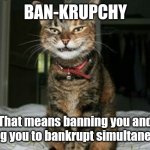 Pun-ishment of ban-krupchy | BAN-KRUPCHY; That means banning you and forcing you to bankrupt simultaneously | image tagged in evil smile cat,bankruptcy,banned | made w/ Imgflip meme maker