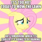 Will I ever get that done? | IT'S TOO HOT TODAY TO MOW THE LAWN; BUT TOMORROW, WHEN IT'S COOLER, IT'S GOING TO BE RAINING! | image tagged in awkward fluttershy,memes,mow the lawn,hot weather,rainy day | made w/ Imgflip meme maker