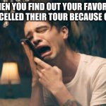 Sad Panic! at the Disco | WHEN YOU FIND OUT YOUR FAVORITE BAND CANCELLED THEIR TOUR BECAUSE OF CORONA | image tagged in sad panic at the disco | made w/ Imgflip meme maker