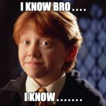 Ron Weasley | I KNOW BRO . . . . I KNOW . . . . . . . | image tagged in ron weasley | made w/ Imgflip meme maker