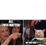 All Lives Matter | ALL LIVES MATTER! NO THEY DON'T | image tagged in women crying puzzled cat | made w/ Imgflip meme maker