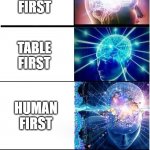 Expanding brain extended 2 | MILK FIRST; CEREAL FIRST; BOWL FIRST; TABLE FIRST; HUMAN FIRST; LIFE-SUSTAINING PLANET FIRST; UNIVERSE FIRST | image tagged in expanding brain extended 2 | made w/ Imgflip meme maker