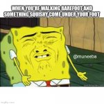 Sponge bob | WHEN YOU'RE WALKING BAREFOOT AND SOMETHING SQUISHY COME UNDER YOUR FOOT @muneeba | image tagged in sponge bob | made w/ Imgflip meme maker
