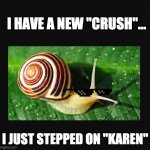 crushed! | I HAVE A NEW "CRUSH"... I JUST STEPPED ON "KAREN" | image tagged in snail,funny animals,animals | made w/ Imgflip meme maker