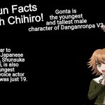 Bet you didn't know that. | Gonta is the youngest and tallest male character of Danganronpa V3. Similar to Gonta, his Japanese voice actor, Shunsuke Takeuchi, is also the youngest Japanese voice actor in V3, as he was just 19. | image tagged in fun facts with chihiro,danganronpa,gonta gokuhara,ndrv3,chihiro fujisaki | made w/ Imgflip meme maker