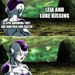3PO staying silent when he usually can't shut up | LEIA AND LUKE KISSING; C-3PO, KNOWING THEY ARE BROTHER AND SISTER | image tagged in frieza ignoring,star wars,memes,c3po | made w/ Imgflip meme maker