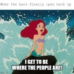 When the bars re-open | When the bars finally open back up; I GET TO BE 
WHERE THE PEOPLE ARE! | image tagged in ariel | made w/ Imgflip meme maker