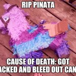 The Candy Was Tasty At Least | RIP PINATA; CAUSE OF DEATH: GOT WACKED AND BLEED OUT CANDY | image tagged in rip pinata | made w/ Imgflip meme maker