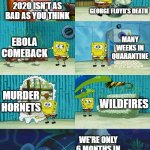 I wonder how the second half will turn out. | 2020 ISN'T AS BAD AS YOU THINK; GEORGE FLOYD'S DEATH; MANY WEEKS IN QUARANTINE; EBOLA COMEBACK; MURDER HORNETS; WILDFIRES; WE'RE ONLY 6 MONTHS IN | image tagged in memes,spongebob diapers meme,2020,bad taste,quarantine,what's next | made w/ Imgflip meme maker