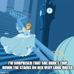 Dress Logic | I'M SURPRISED THAT SHE DIDN'T TRIP DOWN THE STAIRS ON HER VERY LONG DRESS. | image tagged in cinderella | made w/ Imgflip meme maker