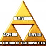 Triforce of Things | DEMISEXUAL; ASEXUAL; BISEXUAL; THE TRIFORCE OF "THAT DOESN'T EXIST" | image tagged in triforce of things | made w/ Imgflip meme maker