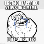 Crying troll face | I GET 400 (APPROX) VEIWS ON A MEME. I GET 3 UPVOTES | image tagged in crying troll face | made w/ Imgflip meme maker