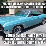 Buick skylark | YES, THE VIRUS ORIGINATED IN CHINA,
BUT IT’S NAMED COVID-19, NOT THE CHINA VIRUS. YOUR MOM ORIGINATED IN THE BACK OF A BUICK SKYLARK, BUT WE CALL HER JUDITH.   DON’T BE MEAN. | image tagged in buick,coronavirus,covid19,china,virus,memes | made w/ Imgflip meme maker