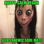 Happy vegan | HAPPY, CALM VEGAN; SEEKS ANEMIC SOUL MATE | image tagged in happy vegan | made w/ Imgflip meme maker