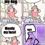 r/bonehurtingjuice Dog smothers man | R/BONEHURTINGJUICE; But i love pillows too; I love 
my dog; Mostly my face! YAY! i love my owner and i would do anything to make him happy | image tagged in dog smothers man on phone | made w/ Imgflip meme maker