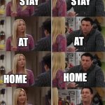 Phoebe teaching Joey in Friends | STAY; STAY; AT; AT; HOME; HOME; GO OUTSIDE AND ENJOY THE FRESH AIR; STAY AT HOME | image tagged in phoebe teaching joey in friends | made w/ Imgflip meme maker