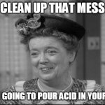 Aunt Bea | CLEAN UP THAT MESS; OR I'M GOING TO POUR ACID IN YOUR EYES. | image tagged in aunt bea | made w/ Imgflip meme maker