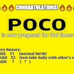 Another certificate for POCO | 🔥🔥🔥 CONGRATULATIONS! 🔥🔥🔥; is now pregnant for 3rd times; Delivery history:

1st child:    F1     (normal birth)

2nd child:   X2    (test-tube baby with other's sperm)

3rd child:     ?      (   ?   ) | image tagged in yellow background | made w/ Imgflip meme maker
