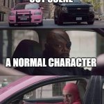 pink guy power | VIDEO GAME CUT SCENE; A NORMAL CHARACTER; MY CUSTOM CHARACTER | image tagged in pink guy nick fury,videogames,pink guy | made w/ Imgflip meme maker