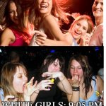 White Girl Wasted | WHITE GIRLS: 9:00 PM; WHITE GIRLS: 9:05 PM | image tagged in dumb white girl,drunk girl,white people | made w/ Imgflip meme maker