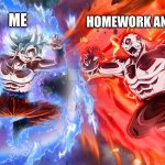 You vs school and homework | HOMEWORK AND SCHOOL; ME | image tagged in versus | made w/ Imgflip meme maker