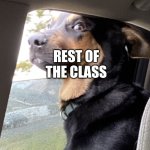 When someone says "math" | STUDENT: WHAT ABOUT OUR MATH? REST OF THE CLASS | image tagged in shocked backseat pupper,teacher meme,school | made w/ Imgflip meme maker