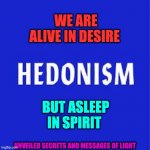 hedonism | WE ARE ALIVE IN DESIRE; BUT ASLEEP IN SPIRIT; UNVEILED SECRETS AND MESSAGES OF LIGHT | image tagged in hedonism | made w/ Imgflip meme maker