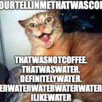 (yup. Definitely water) | SOYOURTELLINMETHATWASCOFFEE; THATWASNOTCOFFEE. THATWASWATER. DEFINITELYWATER. WATERWATERWATERWATERWATERRRR. ILIKEWATER | image tagged in crazy cat | made w/ Imgflip meme maker