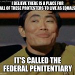 sulu | I BELIEVE THERE IS A PLACE FOR ALL OF THESE PROTESTERS TO LIVE AS EQUALS; IT'S CALLED THE FEDERAL PENITENTIARY | image tagged in sulu | made w/ Imgflip meme maker