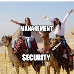 Who gets the credit? | WHEN A BIG EVENT ROLLS PERFECTLY AND IT'S TIME TO GIVE CREDIT; MANAGEMENT; SECURITY; S/O Memes | image tagged in girls on camels | made w/ Imgflip meme maker