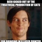 Cats | YOUR FACE AFTER YOU HAVE BEEN KICKED OUT OF THE THEATRICAL PRODUCTION OF CATS; FOR BRINGING IN A LASER POINTER. | image tagged in evil smile | made w/ Imgflip meme maker