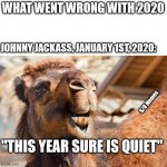 You don't say the Q-word | WHAT WENT WRONG WITH 2020; JOHNNY JACKASS, JANUARY 1ST, 2020:; S/O Memes; "THIS YEAR SURE IS QUIET" | image tagged in angry camel | made w/ Imgflip meme maker