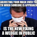 Face mask adjusting | READJUSTING YOUR MASK OVER YOUR MOUTH WHEN SOMEONE IS APPROACHING; IS THE NEW FIXING A WEDGIE IN PUBLIC | image tagged in bolsonaro | made w/ Imgflip meme maker