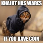Khajiit | KHAJIIT HAS WARES IF YOU HAVE COIN | image tagged in memes,hoody cat | made w/ Imgflip meme maker