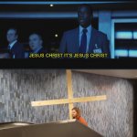 Jesus Christ on an escalator | JESUS CHRIST IT’S JESUS CHRIST | image tagged in jason bourne | made w/ Imgflip meme maker