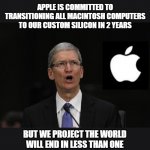 Exciting times to come. Maybe. | APPLE IS COMMITTED TO TRANSITIONING ALL MACINTOSH COMPUTERS TO OUR CUSTOM SILICON IN 2 YEARS; BUT WE PROJECT THE WORLD WILL END IN LESS THAN ONE | image tagged in tim cook,memes,macintosh,end of the world,2022 | made w/ Imgflip meme maker
