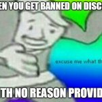 Banned on discord | WHEN YOU GET BANNED ON DISCORD; WITH NO REASON PROVIDED | image tagged in excuse me wtf | made w/ Imgflip meme maker
